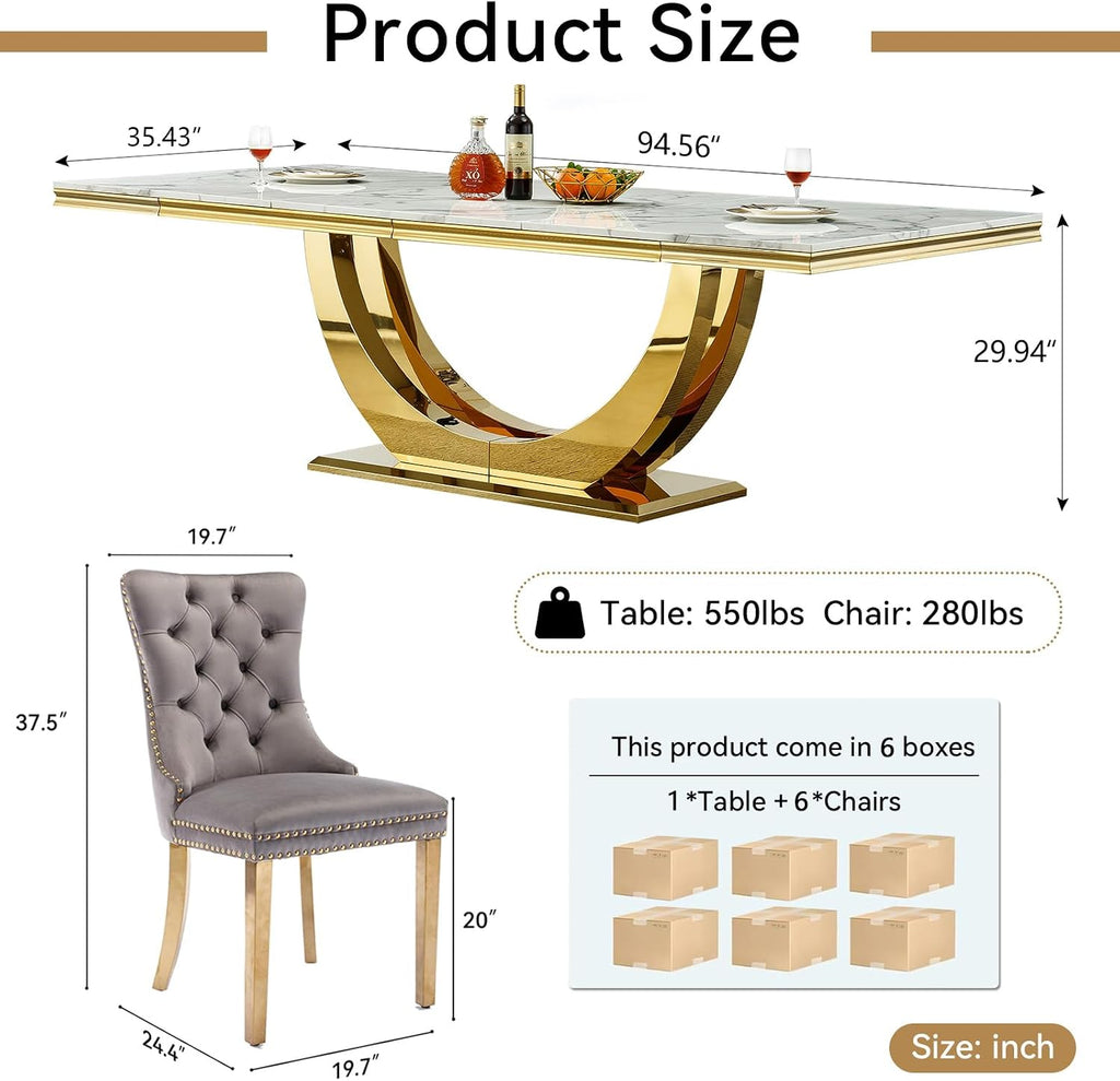 7 Piece Marble Dining Table Set for 6, 94 inch Large White Faux Marble Table with Gold U Shaped Stainless Steel Base, Modern Kitchen Dining Room Table Set for 6 with Grey Upholstered Velvet Chairs