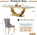 7 Piece Marble Dining Table Set for 6, 94 inch Large White Faux Marble Table with Gold U Shaped Stainless Steel Base, Modern Kitchen Dining Room Table Set for 6 with Grey Upholstered Velvet Chairs
