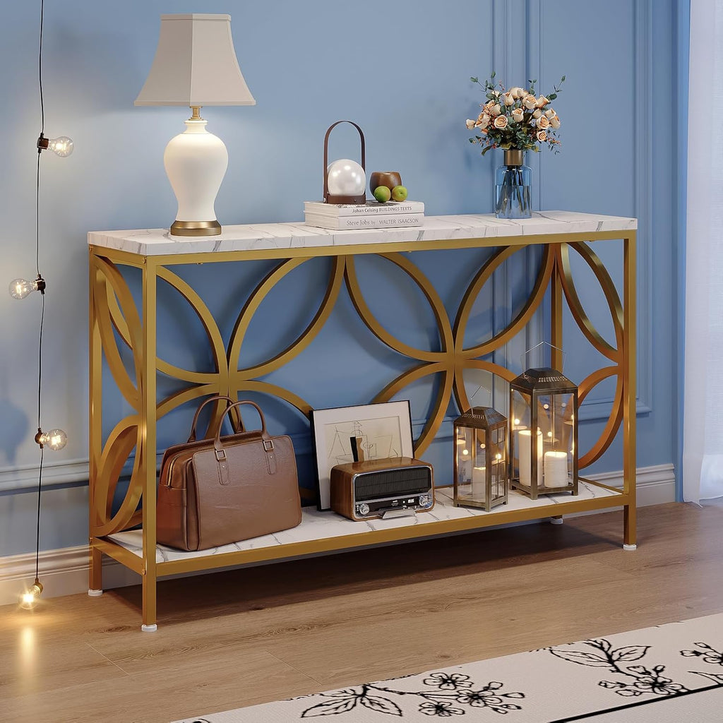 GiftGo Narrow Sofa Table 47.2 Inch, Industrial Sofa Table Behind Couch, Vintage Entry Console Table with Storage for Entryway, Living Room, Foyer, Elegant Design (White and Gold, 47.2)