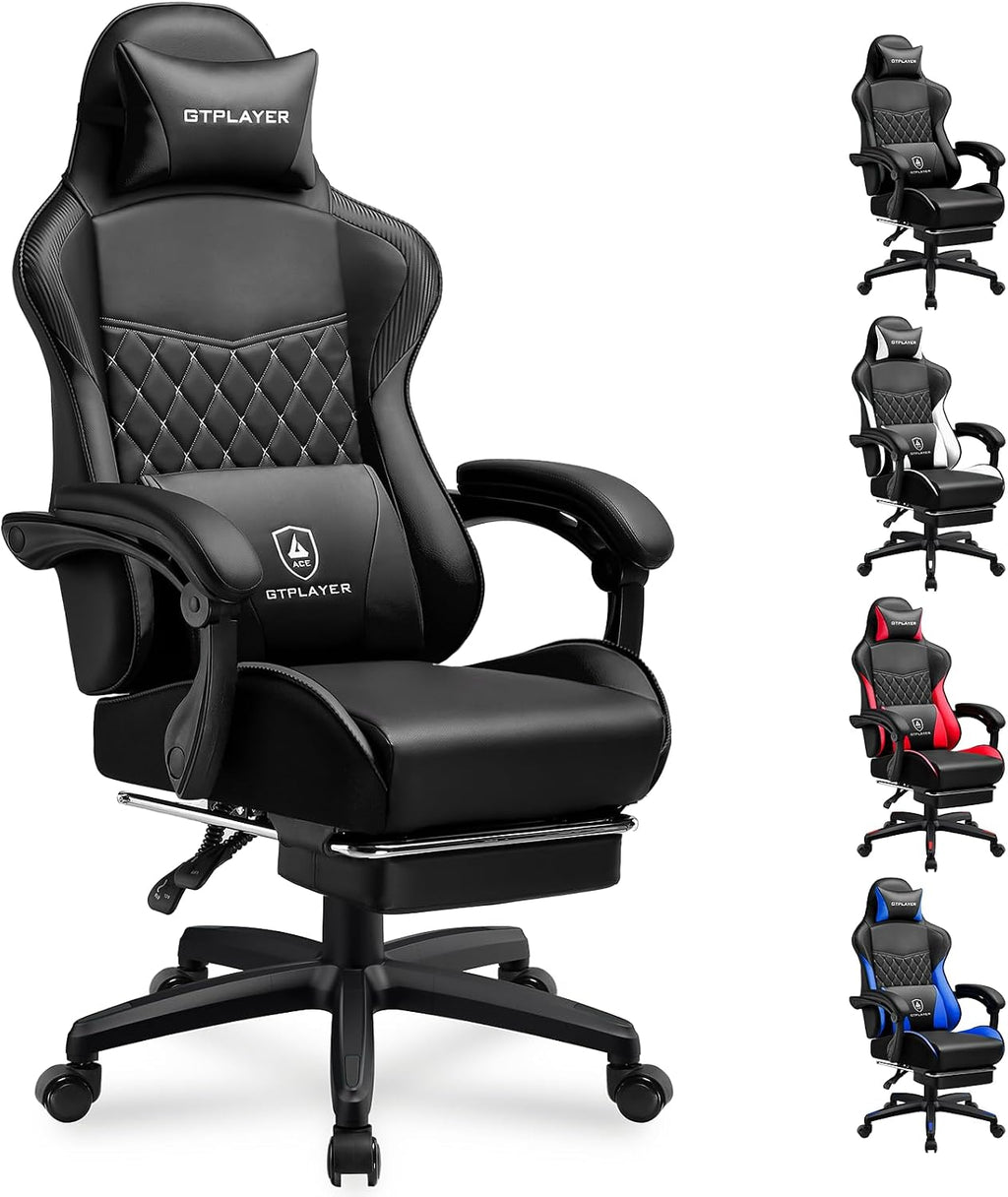 GTPLAYER Gaming Chair, High Back Leather Computer Gaming Chair with Footrest, Ergonomic Height Adjustable Office Chair with Removable Cover and Lumbar Support for Gaming & Work,Black