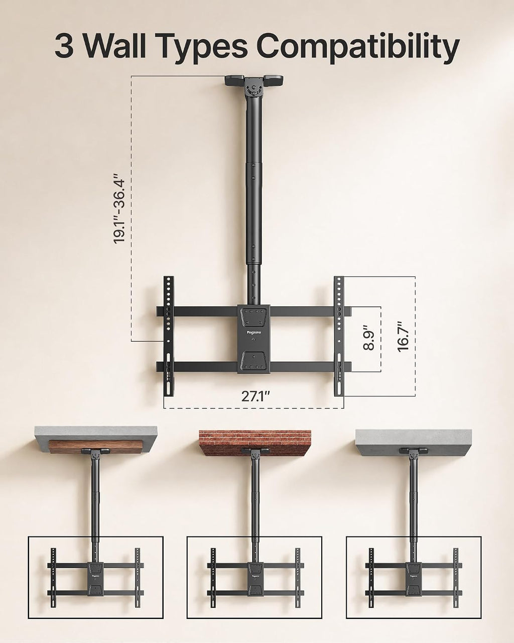 PEGZONE Ceiling TV Mount for 43-86 Inch TVs, 19.1"-36.4" Height Adjustable | Holds 155lbs, Full Motion TV Ceiling Mount for Flat & Sloped Ceilings, Hanging TV Bracket with Swivel, Tilt, Max VESA 600x400