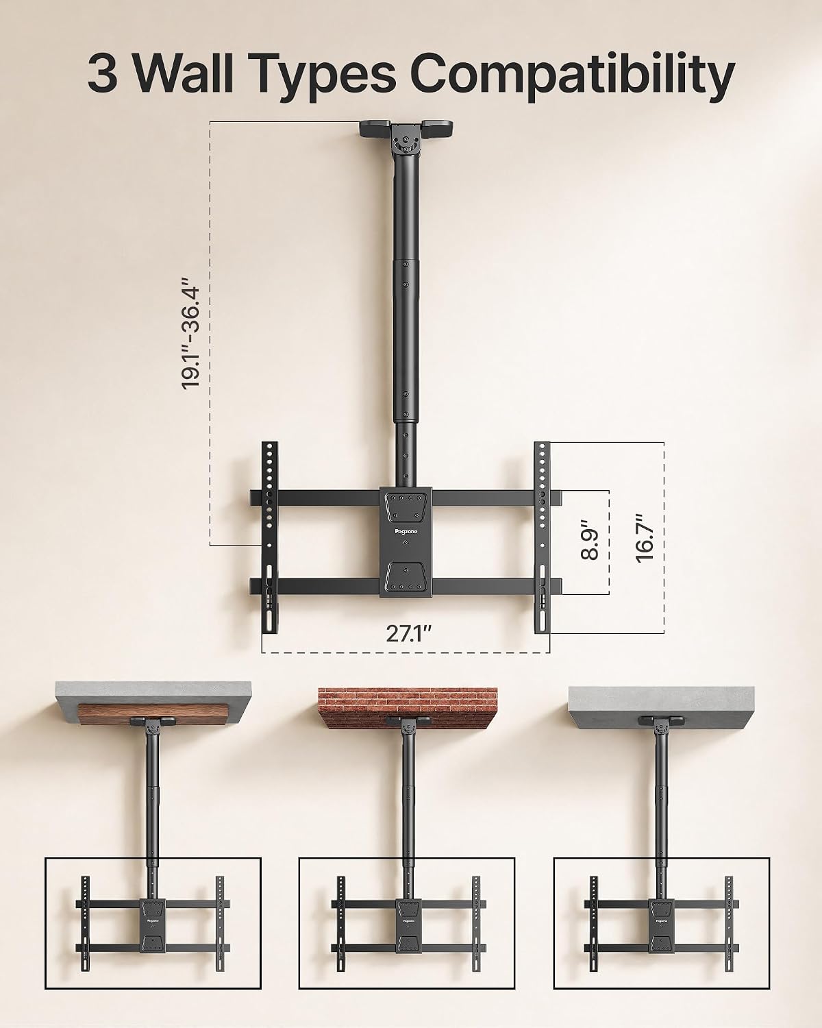 PEGZONE Ceiling TV Mount for 43-86 Inch TVs, 19.1"-36.4" Height Adjustable | Holds 155lbs, Full Motion TV Ceiling Mount for Flat & Sloped Ceilings, Hanging TV Bracket with Swivel, Tilt, Max VESA 600x400