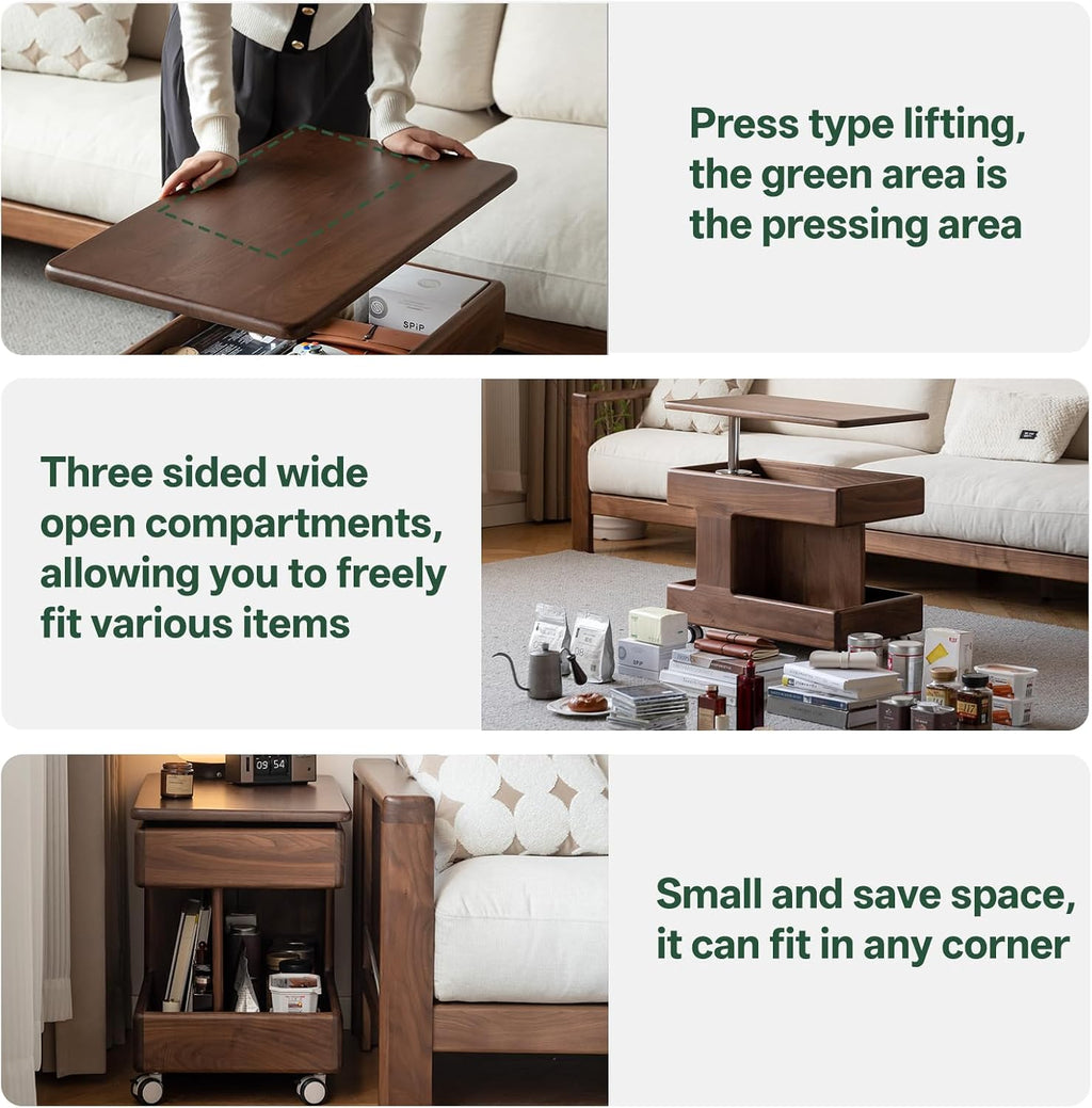 100% Solid Wood Lift Top End Table with Swivel Top, Sofa Couch Table with Wheels, Small Bedside Table for Living Room, Recliner and Small Places(Walnut, Fully Assembled Furniture)