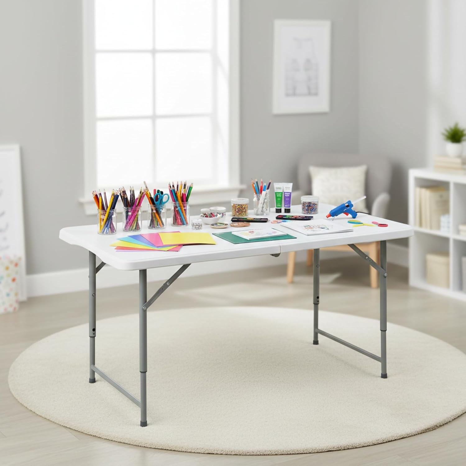 FurnitureR Adjustable Folding Table 4FT, Plastic Utility Table with 3 Height Settings, Fold-in-Half with Handle, Foldable and Portable for Indoor Outdoor Picnic Camping Party, White