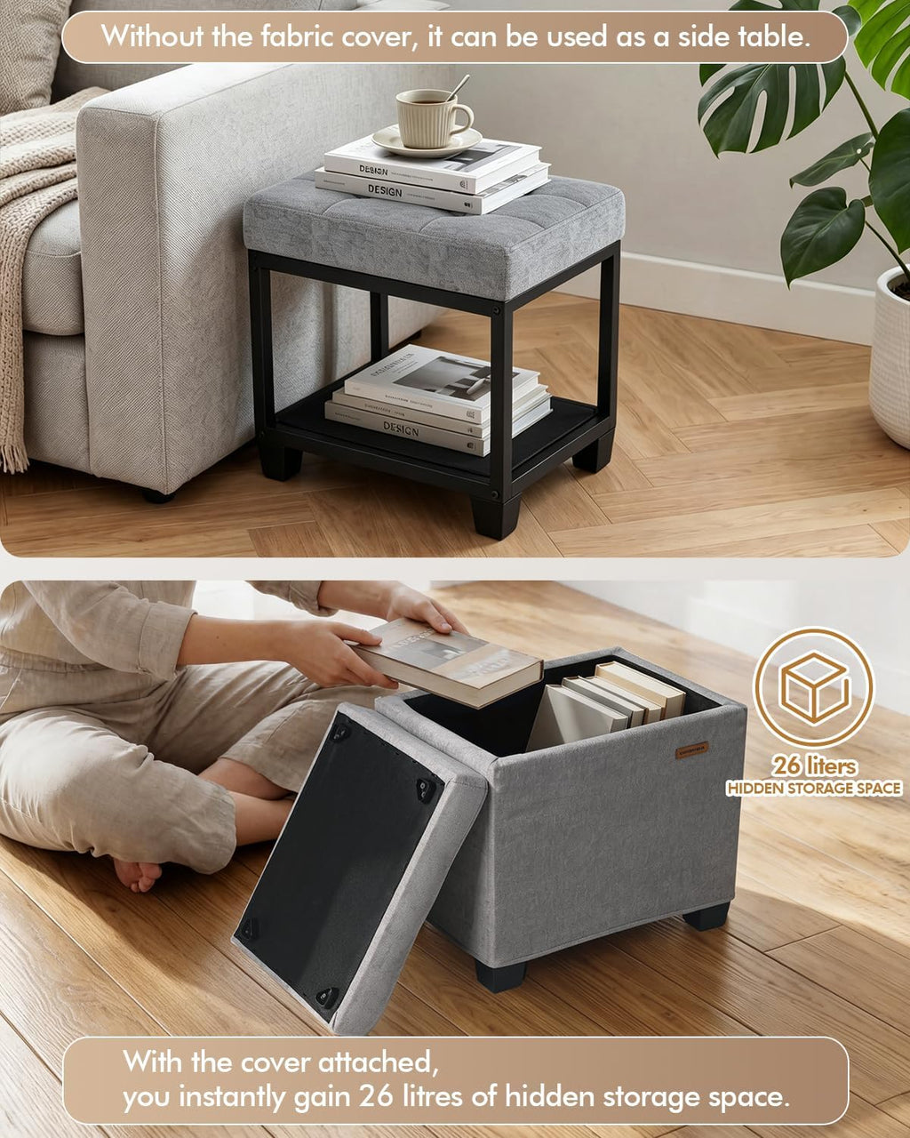 ABHENG Steel Frame Small Ottoman with Storage Footrest Gray UASND70G | 12.2" D x 16.1" W x 17.7" H, Hold 660 lbs, 48L Storage Capacity, Breathable Chenille, Removable Lid, for Dorm Living Room