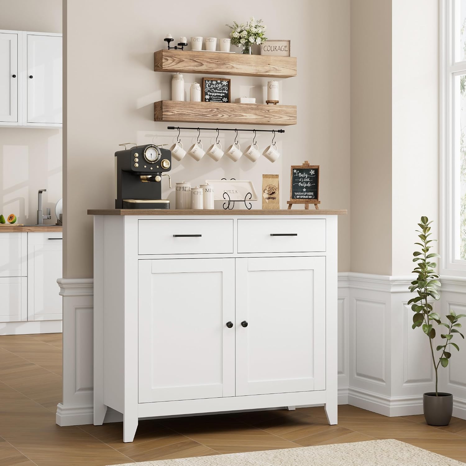 HORSTORS Farmhouse Kitchen Storage Cabinet, Small Buffet, Coffee Bar, White | Buffet Sideboard with 2 Drawers & 2 Doors, 35.8"W Coffee Table, Sapce-saving Kitchen Cabinet for Dining Living Room, Entryway
