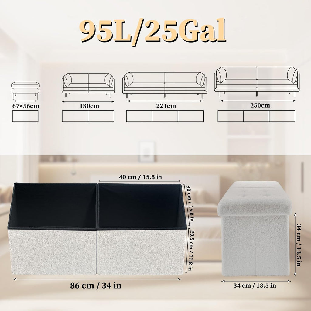 Bsketa Storage Ottoman Bench, 34" Folding Velvet Foot Rest Stool, White | Large Ottoman with Storage, Thicker Foam Padded Seat, Livingroom, Dorm, Bedroom, Easy to install, 86L,34 x 13 x 13in