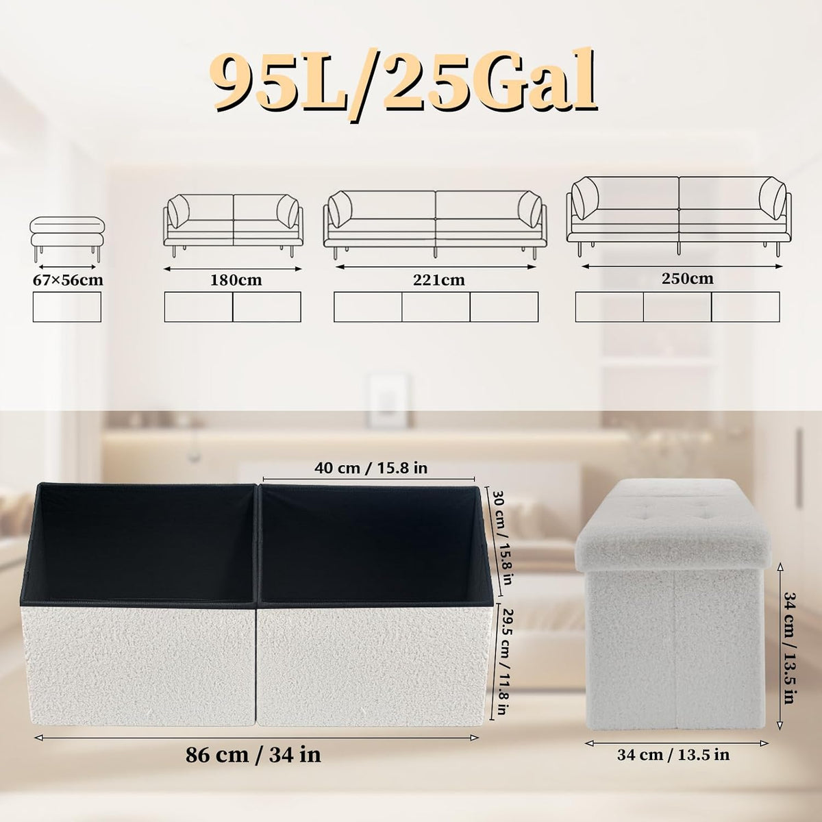 Bsketa Storage Ottoman Bench, 34" Folding Velvet Foot Rest Stool, White | Large Ottoman with Storage, Thicker Foam Padded Seat, Livingroom, Dorm, Bedroom, Easy to install, 86L,34 x 13 x 13in