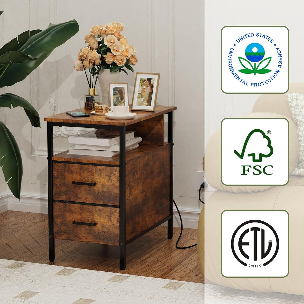 End Table with Charging Station, Narrow Side Table with 2 Fabric Drawers & Storage Shelf, USB Ports & Power Outlets, Nightstand for Bedroom, Living Room and Small Spaces, Rustic Brown