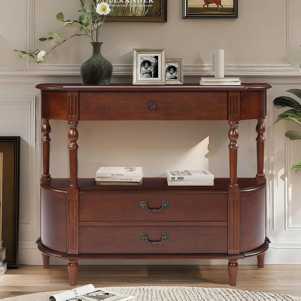 LKTART 43" Half Moon Console Table, Solid Wood Retro Curved Console Table Entryway Table Sofa Table with Solid Pine Roman Legs 3 Drawers 1 Open Shelf for Living Room,Foyer,Hallway(Cherry)
