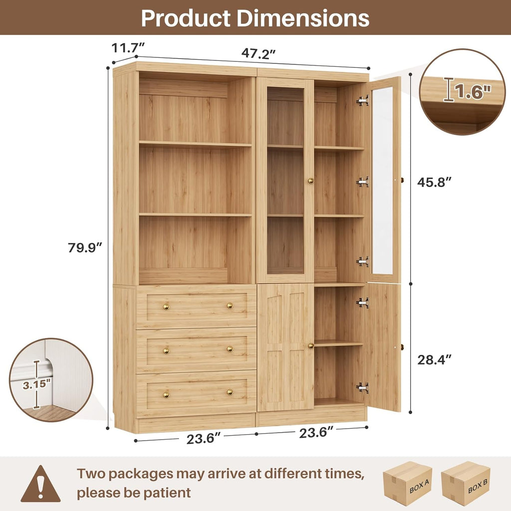Cyclysio Farmhouse Kitchen Pantry Cabinets - 80" Tall Wood Kitchen Storage Cabinets with Adjustable Shelves & Doors & Drawers, Versatile Storage for Living Room, Kitchen, Set of 2 (Natural)
