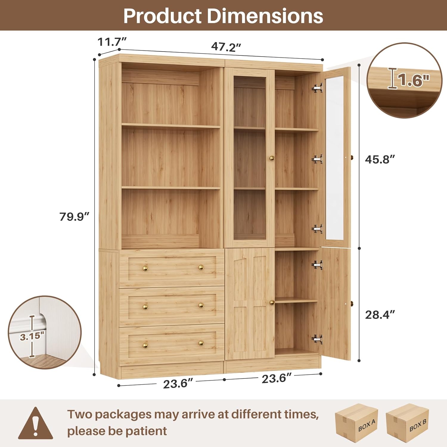 Cyclysio Farmhouse Kitchen Pantry Cabinets - 80" Tall Wood Kitchen Storage Cabinets with Adjustable Shelves & Doors & Drawers, Versatile Storage for Living Room, Kitchen, Set of 2 (Natural)