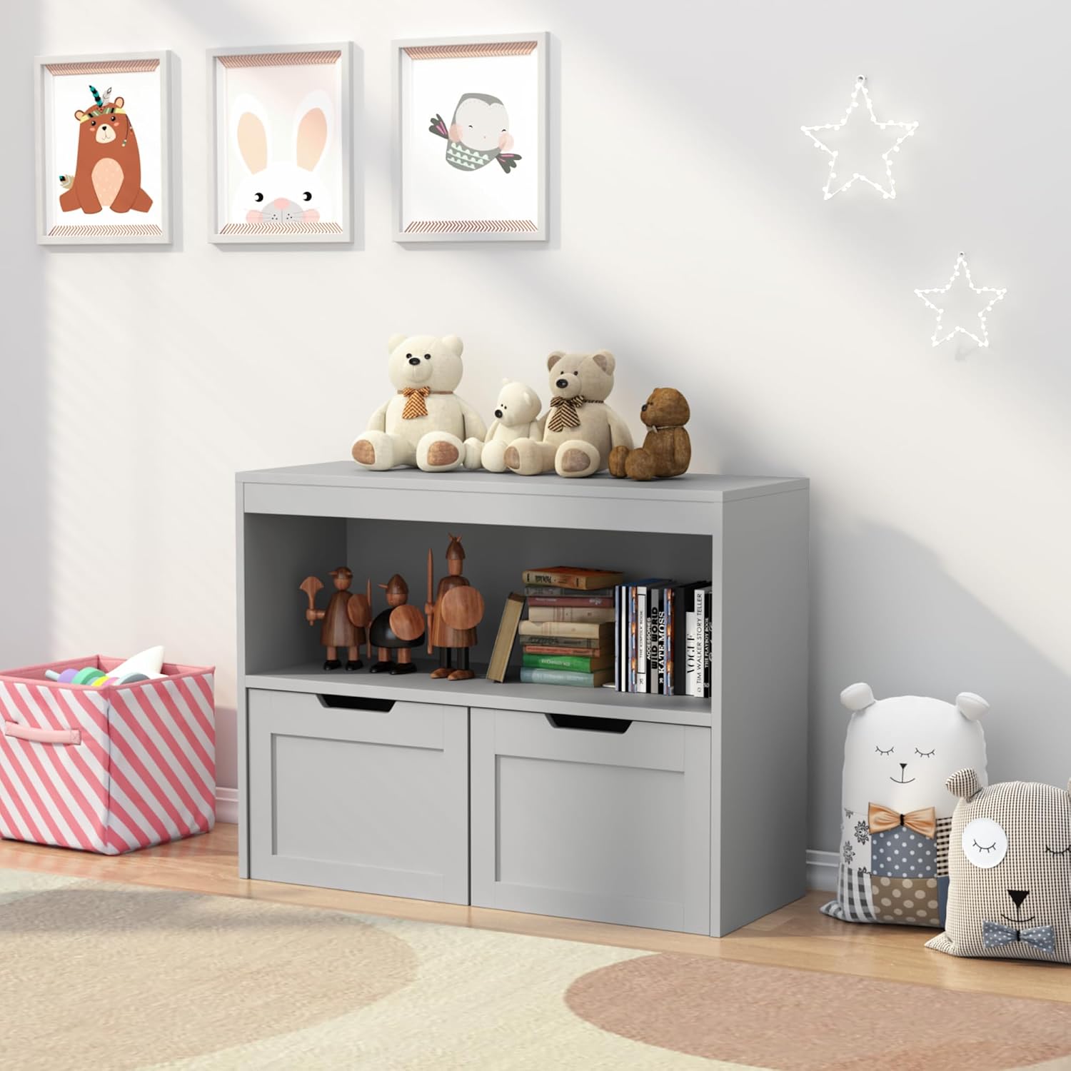 Kids Furniture Set for Bedroom Toddler Table and Chair Desk Toy Box | Durable MDF storage with 2 drawers and open shelves. Safe rounded edges, anti-tip device, and hidden wheels. Perfect for