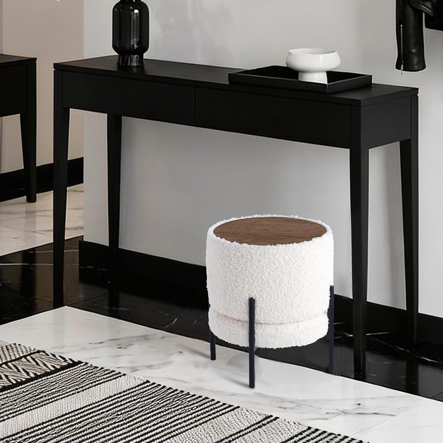 Get Set Style Multifunctional Ottoman with Side Table, Soft Round Footrest Stool,Vanity Stool with Metal Legs, Modern Decorative Furniture Vanity Chair for Makeup Room, Bedroom, Living Room