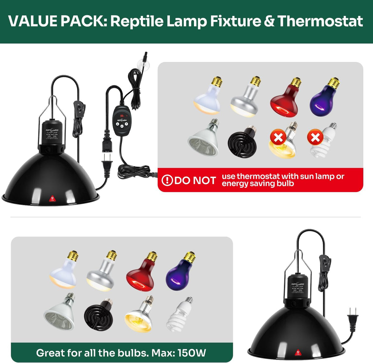 REPTI ZOO Reptile Light Fixture Dimming Thermostat Combo Pack, 8.5 Inch Deep Dome Lamp Fixture Max 150W, PID Reptile Thermostat Temperature Controller for Reptile Heat Lamp Bulb