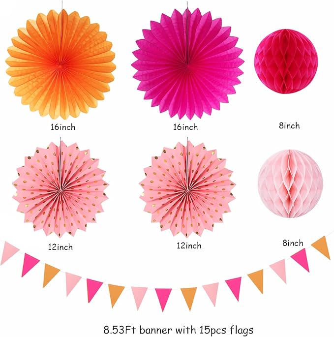 Pink-Orange Fall Party-Decorations Paper-Flowers Lanterns - 20PCS Autumn Wedding Birthday Tissue Pom Poms Streamers Fans Honeycomb, Groovy Boho Baby Shower Rustic Hanging Supplies Decor Burgleda