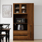 Tall Kitchen Hutch Cabinet with Pull-out Shelves, Storage Drawers, Glass Doors Freestanding Cable Management Pantry Large Kitchen Cupboard for Dining Room with Microwave Countertop Walnut Finish