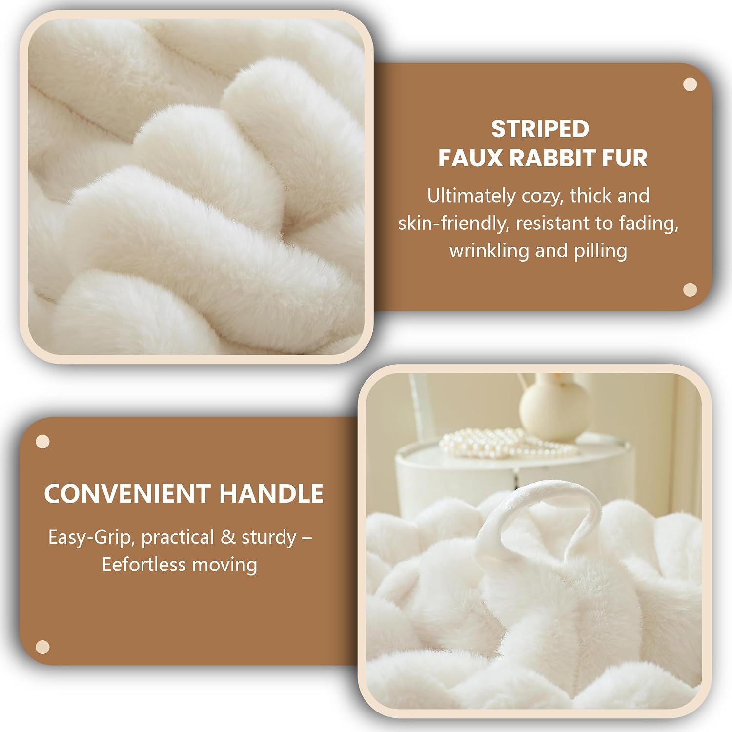 MEGO 3FT Fluffy Faux Rabbit Fur Bean Bag Chair Cover, No Filler, Beige | Plush Ribbed Stuffed Animal Bean Bag Storage, Washable & Anti-slip, Decor Furry Striped Large Beanbag Cover for Girls Adults