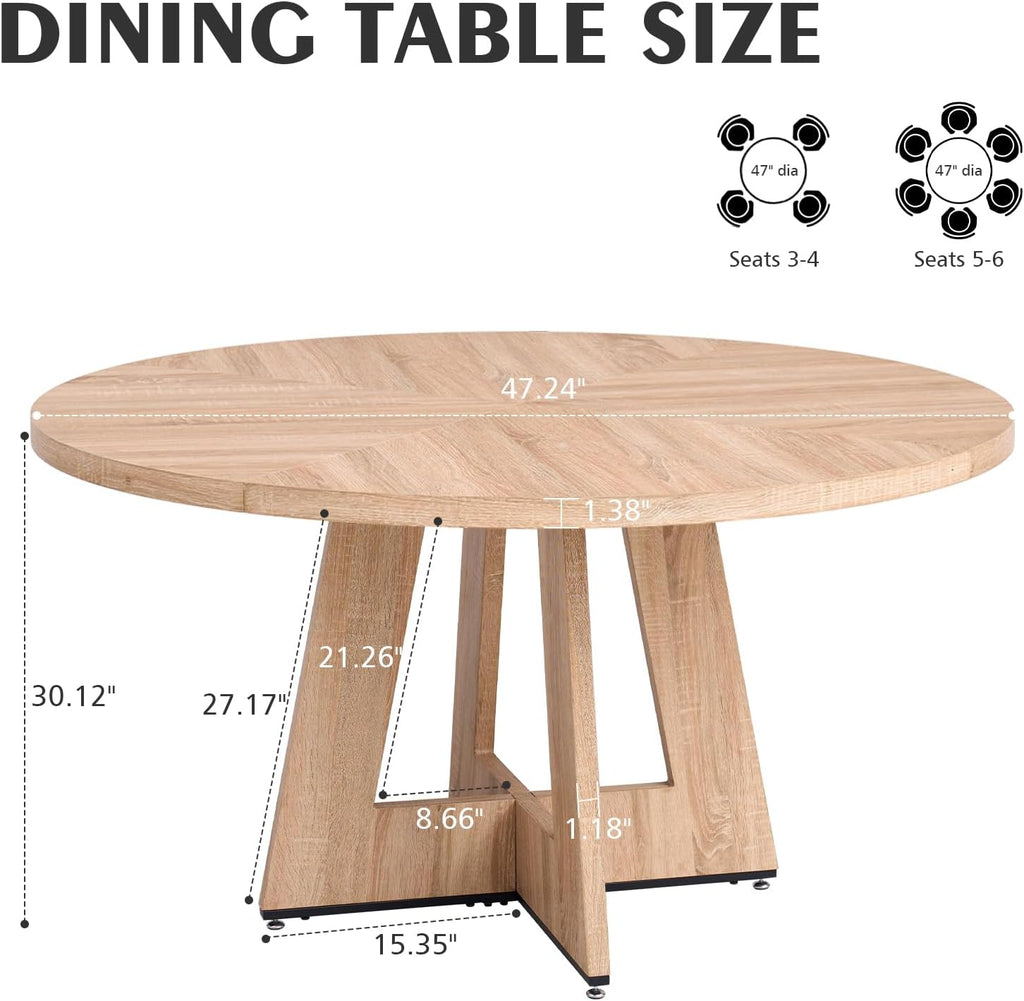 47" Round Dining Table for 4 6 People, [Fanned Base] [1.38" Thick Top] Farmhouse Wood Kitchen Table for Dining Living Room Home, Natural