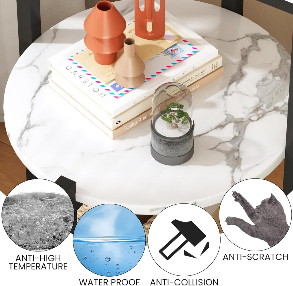 White and Black End Tables Set of 2, Round Marble Nightstand Set of 2 for Bedroom 3-Tier Marble Side Table Small Coffe Table with Metal Legs,Modern Sofa Table Accent Table for Living Room