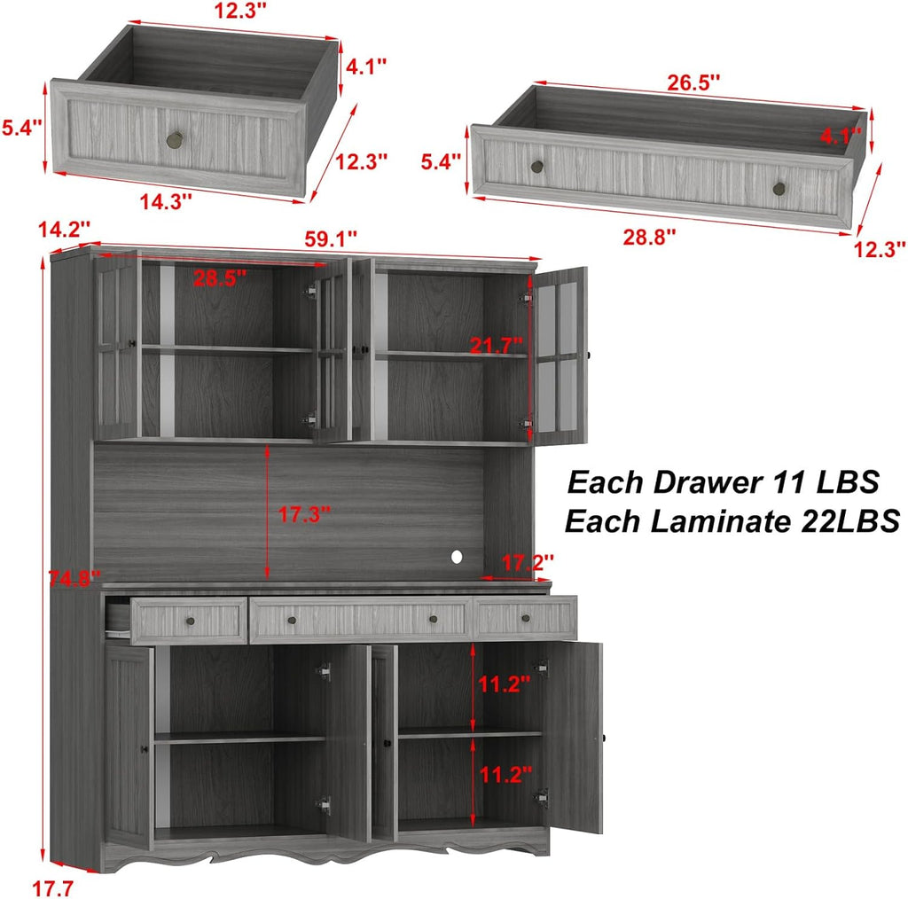 Kitchen Pantry Cabinet with Glass Doors and 3 Drawers, Tall Freestanding Storage Cabinet with Open Countertop, Fluted Doors, Living Room, Grey 59.1”W x 17.7”D x 74.8”H