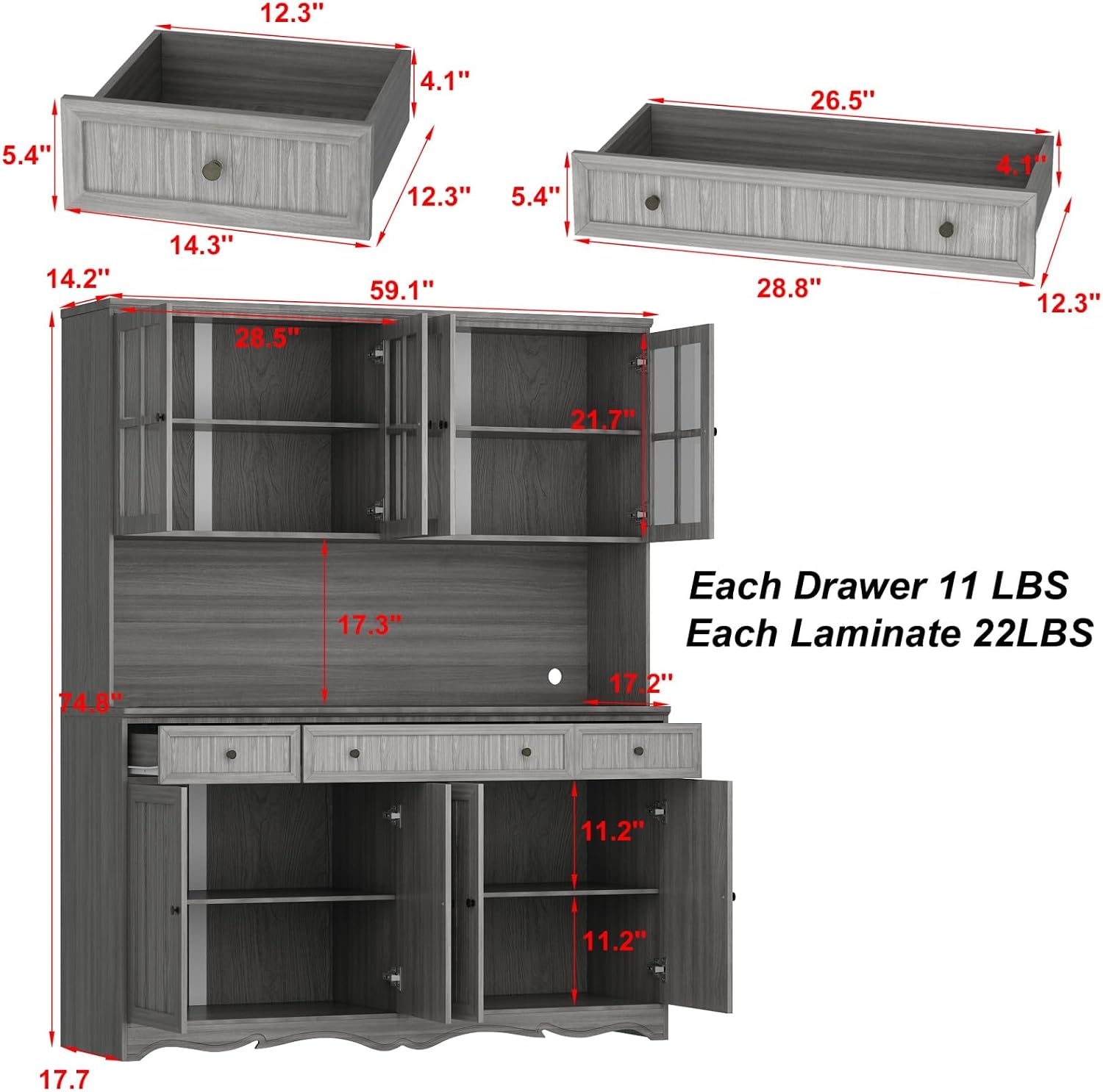 Kitchen Pantry Cabinet with Glass Doors and 3 Drawers, Tall Freestanding Storage Cabinet with Open Countertop, Fluted Doors, Living Room, Grey 59.1”W x 17.7”D x 74.8”H