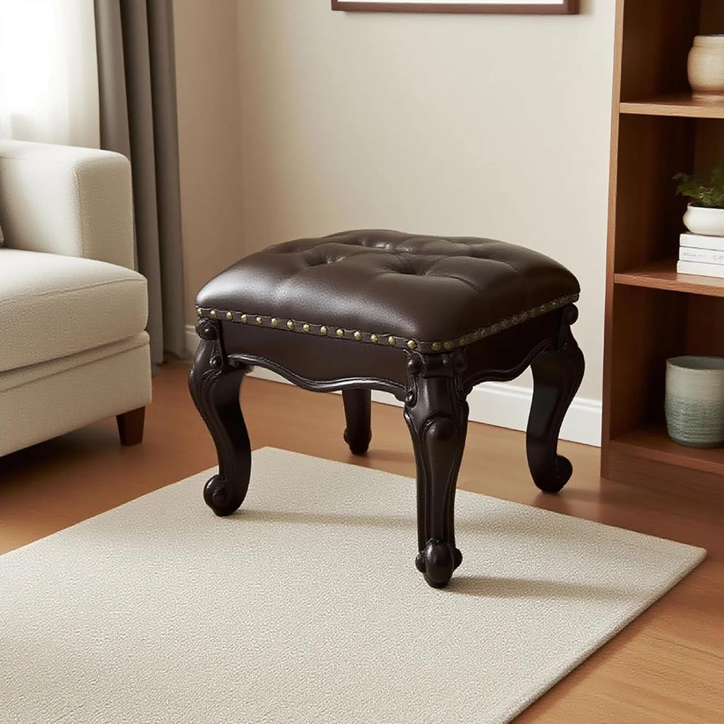 Leather Foot Stool,Vintage Footstools,Wooden Footrest,Upholstered Foot Rest for Living Room,Sofa,Entryway (Walnut)