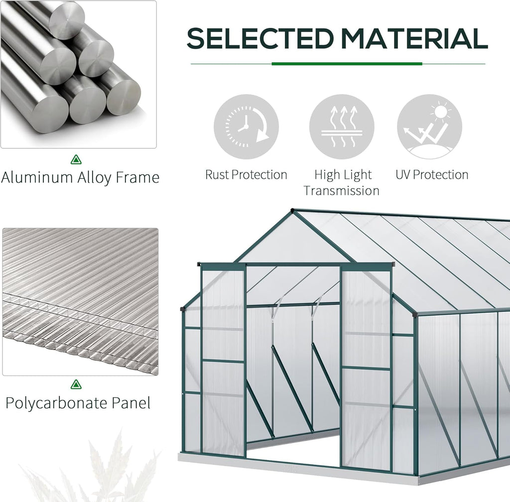 Outsunny 16' x 8' Aluminum Greenhouse Polycarbonate Walk-in Garden Greenhouse Kit with Adjustable Roof Vent, Rain Gutter and Sliding Door for Backyard, Patio, Clear