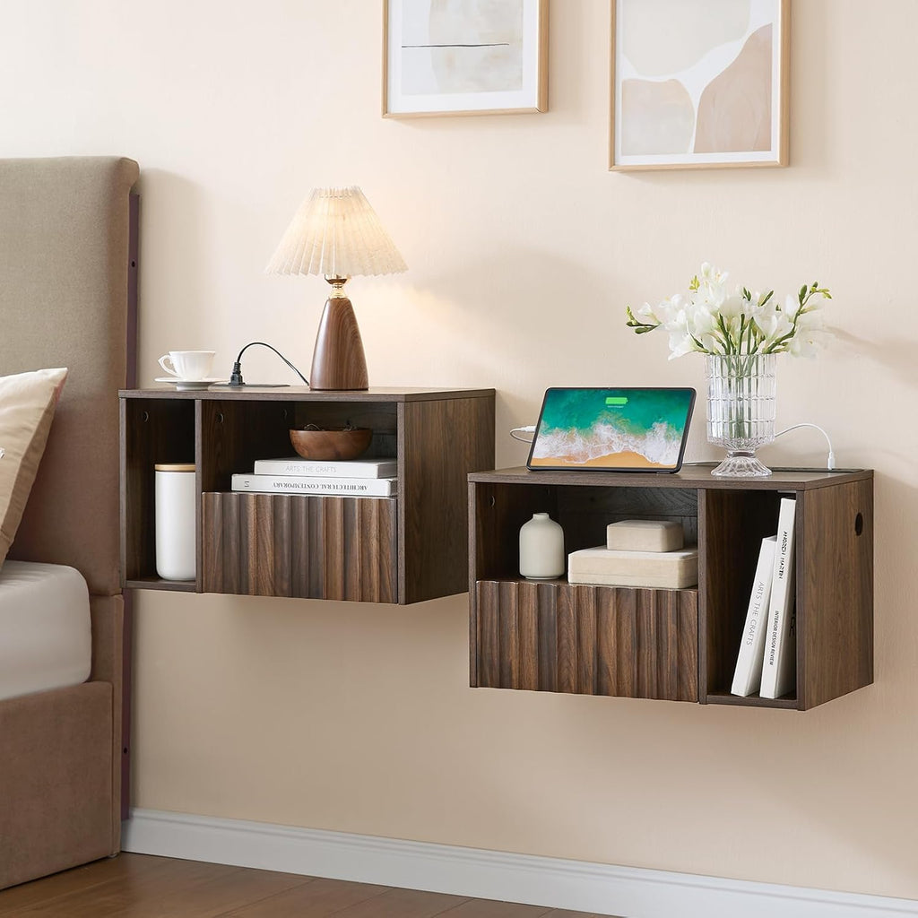 BuildHom Floating Nightstand Set of 2 with Charging Station, Walnut | Wall Mounted Side End Table with Drawer, Modern Fluted Design, 21 inch Larger Storage Night Stand with Outlet for Bedroom