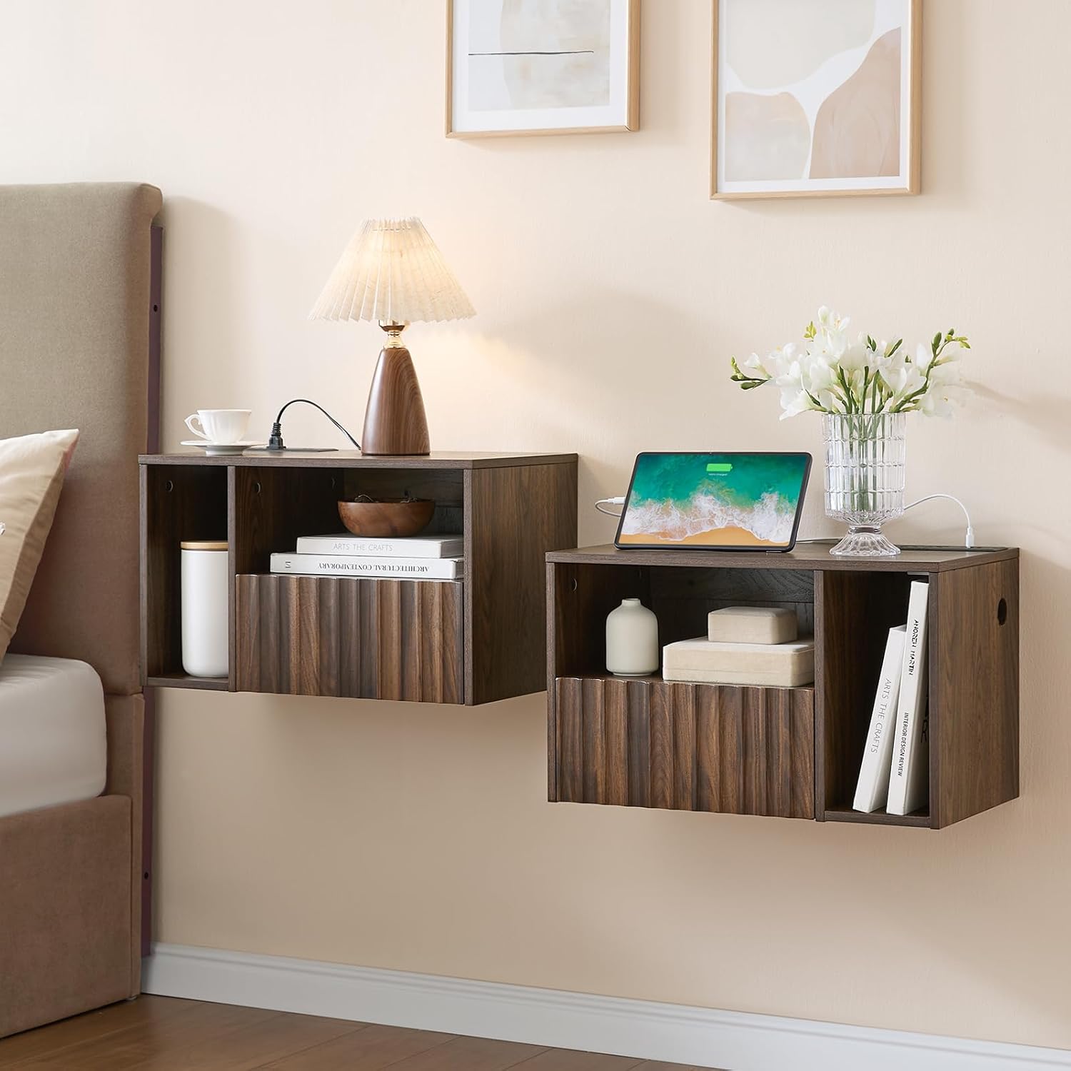 BuildHom Floating Nightstand Set of 2 with Charging Station, Walnut | Wall Mounted Side End Table with Drawer, Modern Fluted Design, 21 inch Larger Storage Night Stand with Outlet for Bedroom