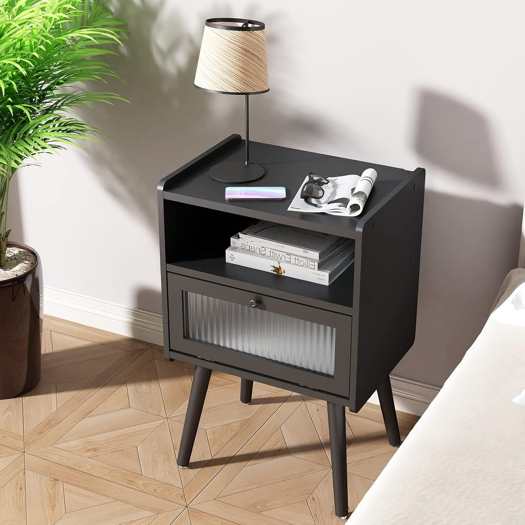Mid Century Modern Nightstand, Bedside Table with Glass Door, Black | Side Table End Table with Solid Wood Legs for Bedroom, Living Room and Small Spaces