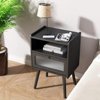 Mid Century Modern Nightstand, Bedside Table with Glass Door, Black | Side Table End Table with Solid Wood Legs for Bedroom, Living Room and Small Spaces