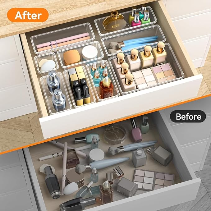 WOWBOX 44 PCS Clear Plastic Drawer Organizer Set, 5 Varied Size storage Bins and Desk Drawer Organizer Trays for Makeup, Gadgets, Jewelry and Utensils in Bathroom, Bedroom and Office, Clear