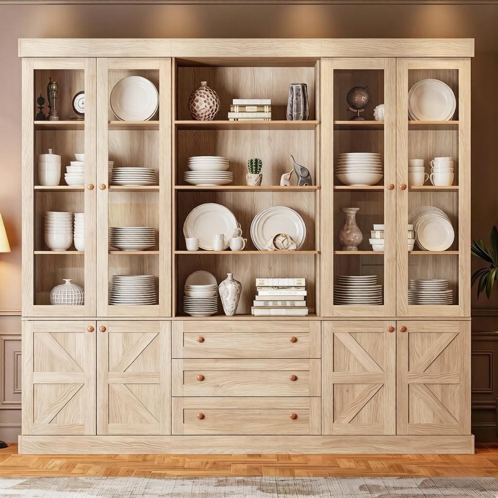 ivaniti 71" Tall Farmhouse Kitchen Pantry Cabinet, Brown Wood Hutch with Glass Doors, 3 Drawers & Adjustable Shelves, Large Storage Cabinet for Dining Room & Living Room, Set of 3