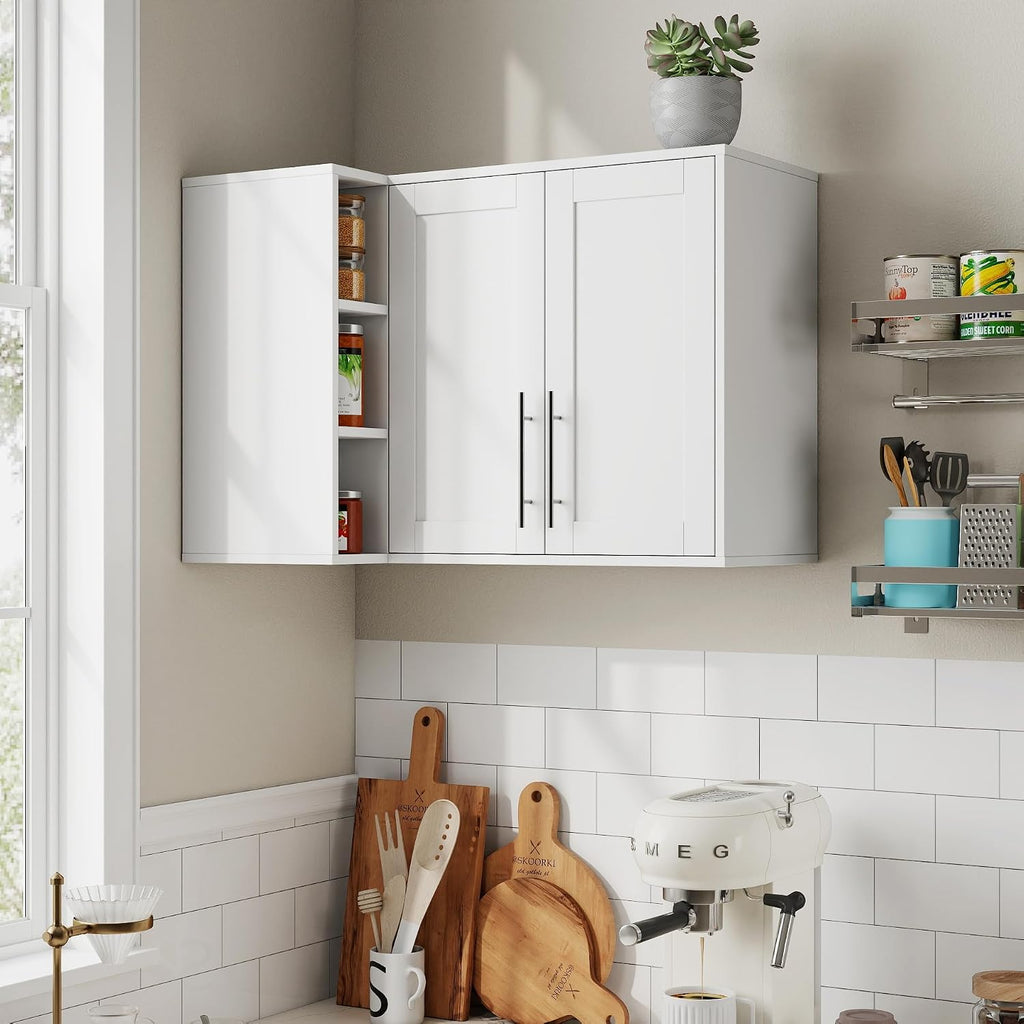 L Shape Wall Mounted Storage Cabinet, White Floating Sideboard Buffet Cabinet with 2 Doors & 3 Open Shelves, Wall Storage Organizer for Kitchen Dining Room