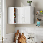 L Shape Wall Mounted Storage Cabinet, White Floating Sideboard Buffet Cabinet with 2 Doors & 3 Open Shelves, Wall Storage Organizer for Kitchen Dining Room