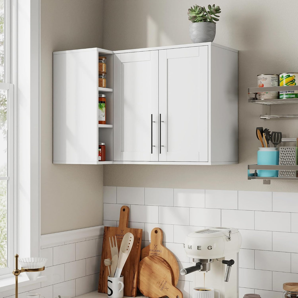 L Shape Wall Mounted Storage Cabinet, White Floating Sideboard Buffet Cabinet with 2 Doors & 3 Open Shelves, Wall Storage Organizer for Kitchen Dining Room