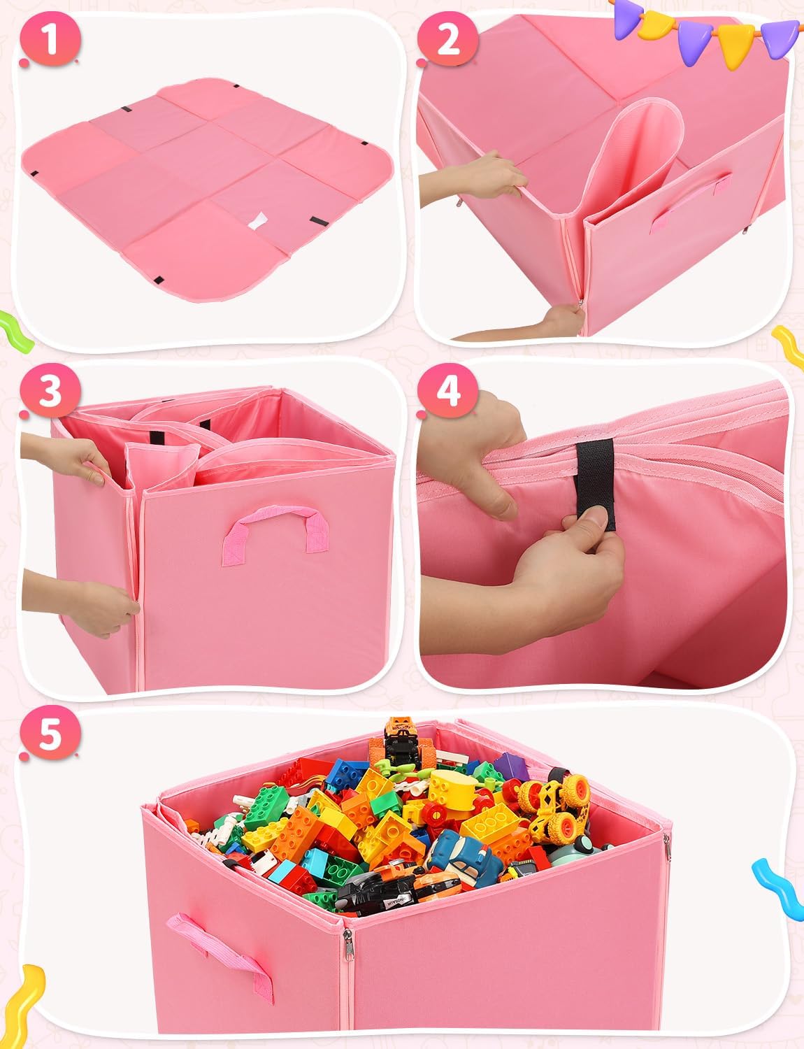 YOHOOLYO 2 In 1 Toy Storage Play Mat, Storage Box for Kids Children Space Adventures Design,Nursery, Playroom, Basket for Building Bricks Blocks Collapsible Cube Bin, 16.9"x16.9"x16.9"
