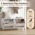 GOFLAME Shoe Storage Bench, Narrow Entryway Bench with 2 Flip Drawers, Adjustable Shelves and Metal Legs, Modern Shoe Rack Organizer, Shoe Cabinet for Hallway, Living Room, Bedroom
