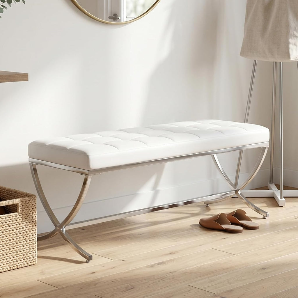 EALSON Modern Entryway Bench Leather Upholstered Dining Bench with Metal Base Button Tufted Ottoman Bench with Padded Seat Accent Foot Bench for Bedroom End of Bed/Living Room, White