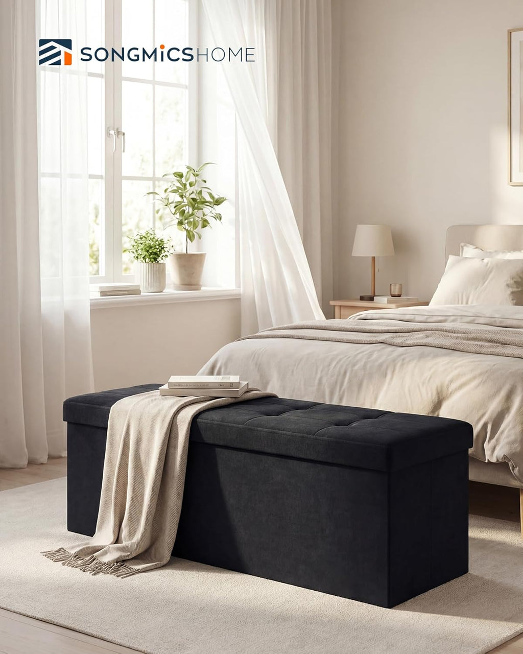 SONGMICS HOME Ottoman with Storage, Removable Lid, Folding Storage Chest, Easy Assembly, for Entryway, Bedroom, Living Room, 15.2 x 43.2 x 15.2 Inches, Velvet, Black
