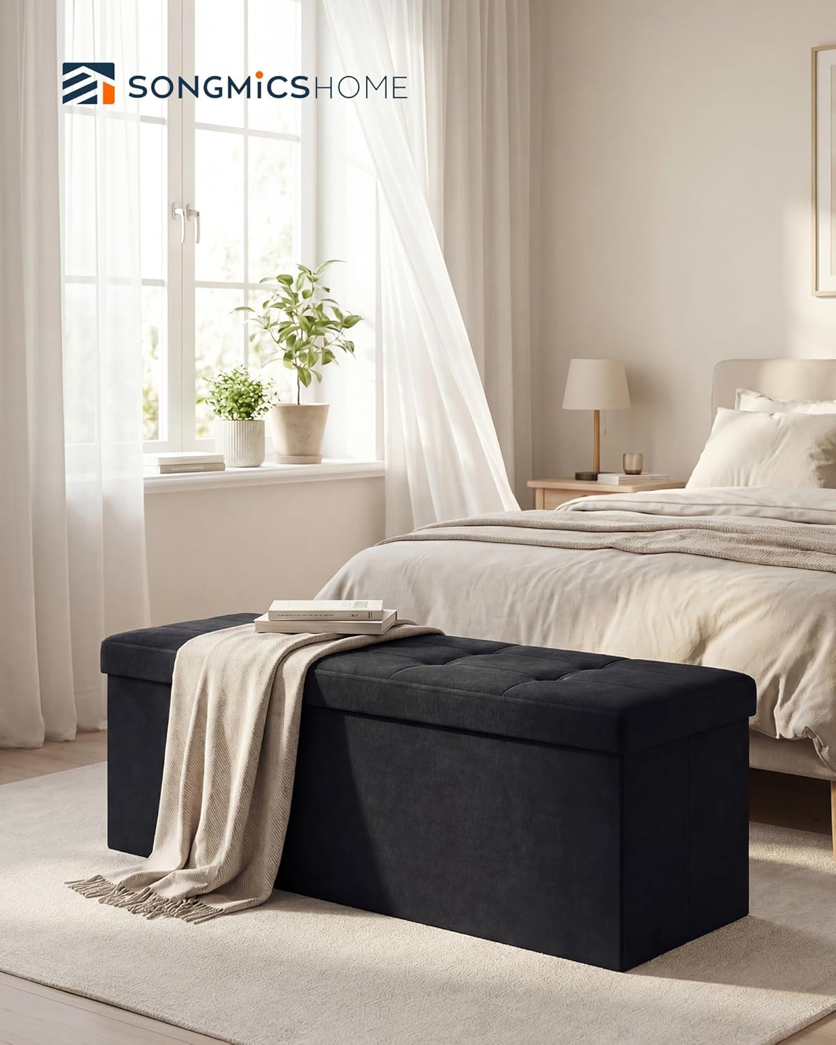 SONGMICS HOME Ottoman with Storage, Removable Lid, Folding Storage Chest, Easy Assembly, for Entryway, Bedroom, Living Room, 15.2 x 43.2 x 15.2 Inches, Velvet, Black