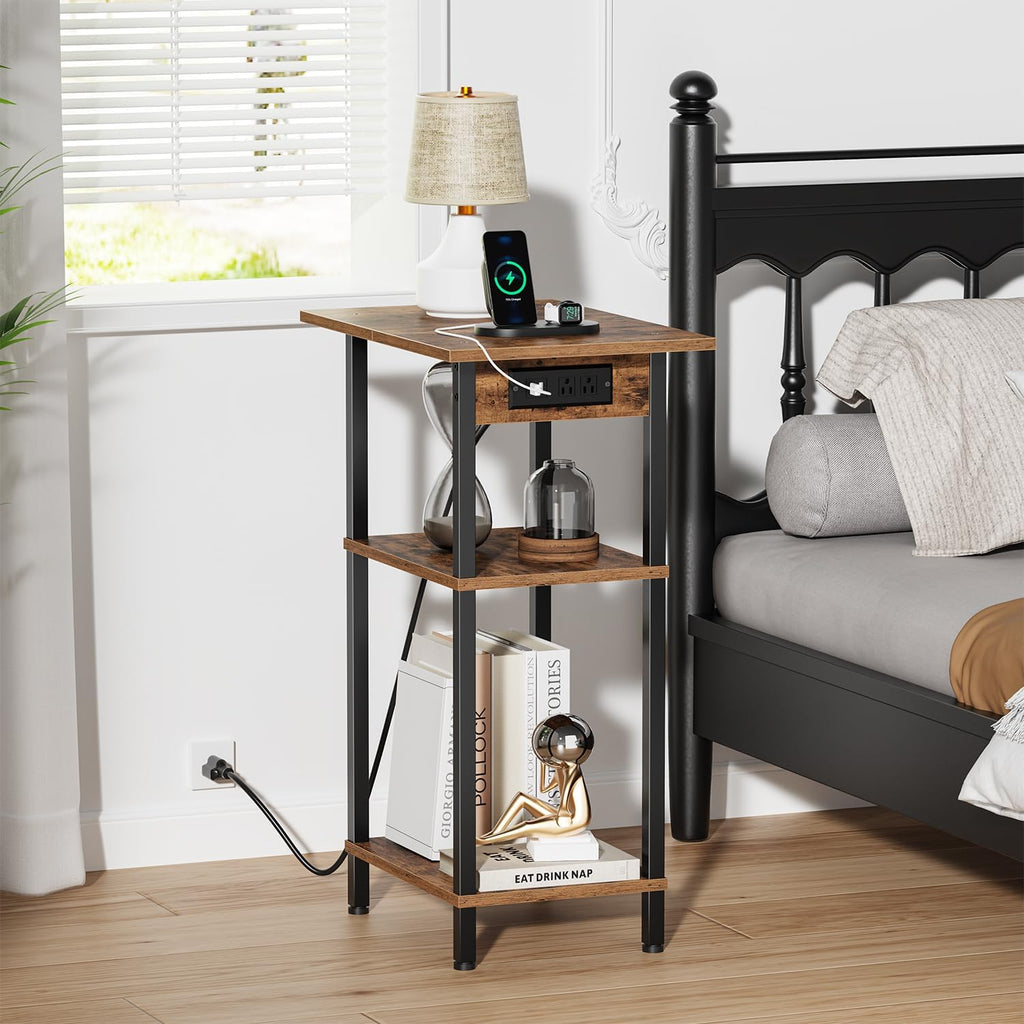 Asgolion Tall End Table with Charging Station, Skinny Nightstand with USB Ports and Outlets, 3 Tier Narrow Side Table with Storage for Bedroom, Living Room, Office, Rustic Brown and Black