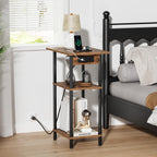 Asgolion Tall End Table with Charging Station, Skinny Nightstand with USB Ports and Outlets, 3 Tier Narrow Side Table with Storage for Bedroom, Living Room, Office, Rustic Brown and Black