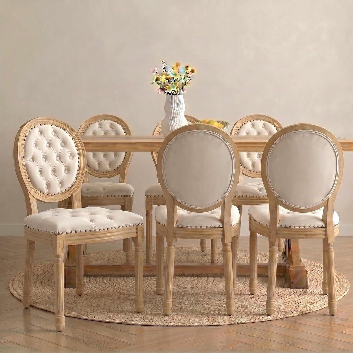 Vintage French Country Dining Chairs Set of 6, Velvet Dining Chair with Solid Wood Legs, Beige Upholstered Dining Chairs, Sillas para Comedor, Kitchen & Dining Room Chair (Beige, 6Pcs)