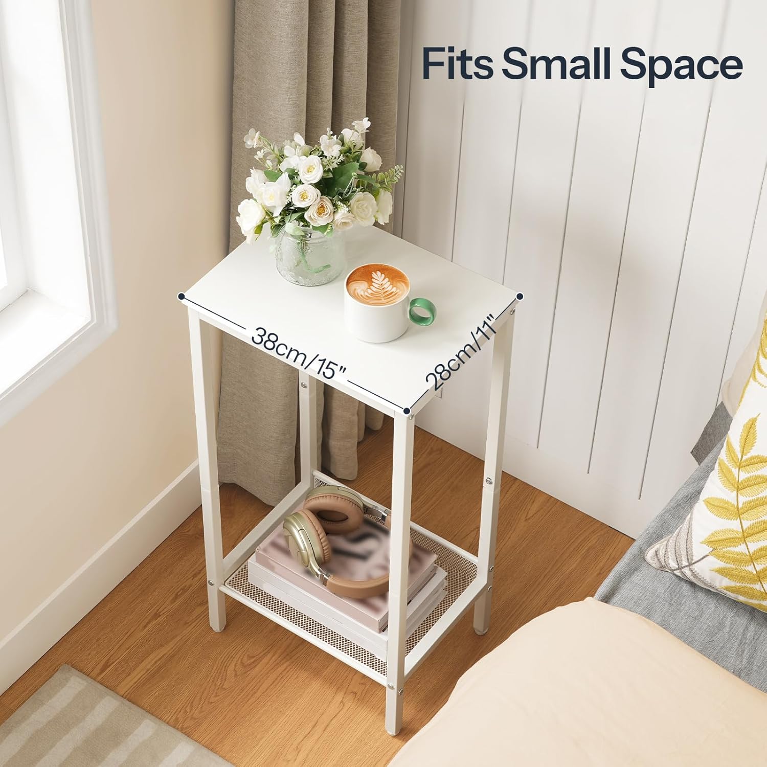 HOOBRO Tall Side Table, Industrial End Telephone Table with Adjustable Mesh Shelves, Small Tall Nightstand for Living Room, Bedroom, Entryway, Office, White WW03DH01