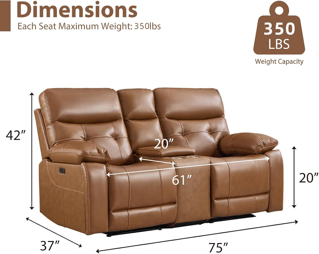 CANMOV Genuine Leather Power Recliner Loveseat, 2 Seat Loveseat Reclining Sofa with Storage Console,Hidden Cup Holders,Modern Electric Recliner Couch Set for Living Room, Bedroom,Brown