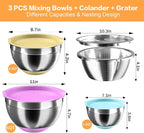 Mixing Bowls with Airtight Lids, Stainless Steel Mixing Bowl Set with 3 Metal Nesting Bowls, Colander & Grater, Non-Slip Bottoms, Size 1.5, 2.5, 6 QT, Great for Mixing & Serving, Mutilcolor