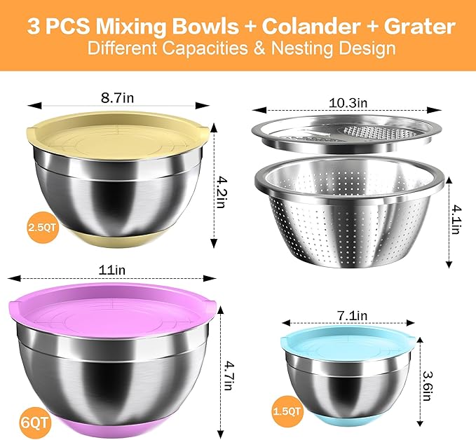 Mixing Bowls with Airtight Lids, Stainless Steel Mixing Bowl Set with 3 Metal Nesting Bowls, Colander & Grater, Non-Slip Bottoms, Size 1.5, 2.5, 6 QT, Great for Mixing & Serving, Mutilcolor