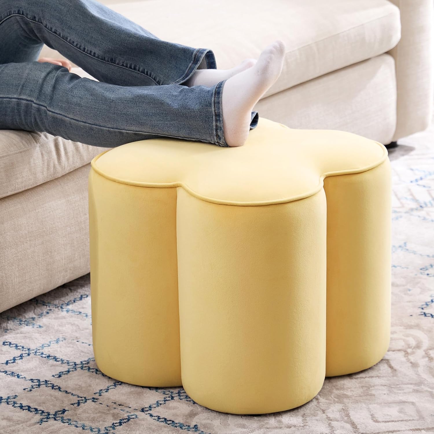 Yellow Velvet Ottoman, Small Vanity Stool, Modern Ottoman Stool, Footrest for Couch, Flower Footstool for Makeup Room, Entryway and Living Room